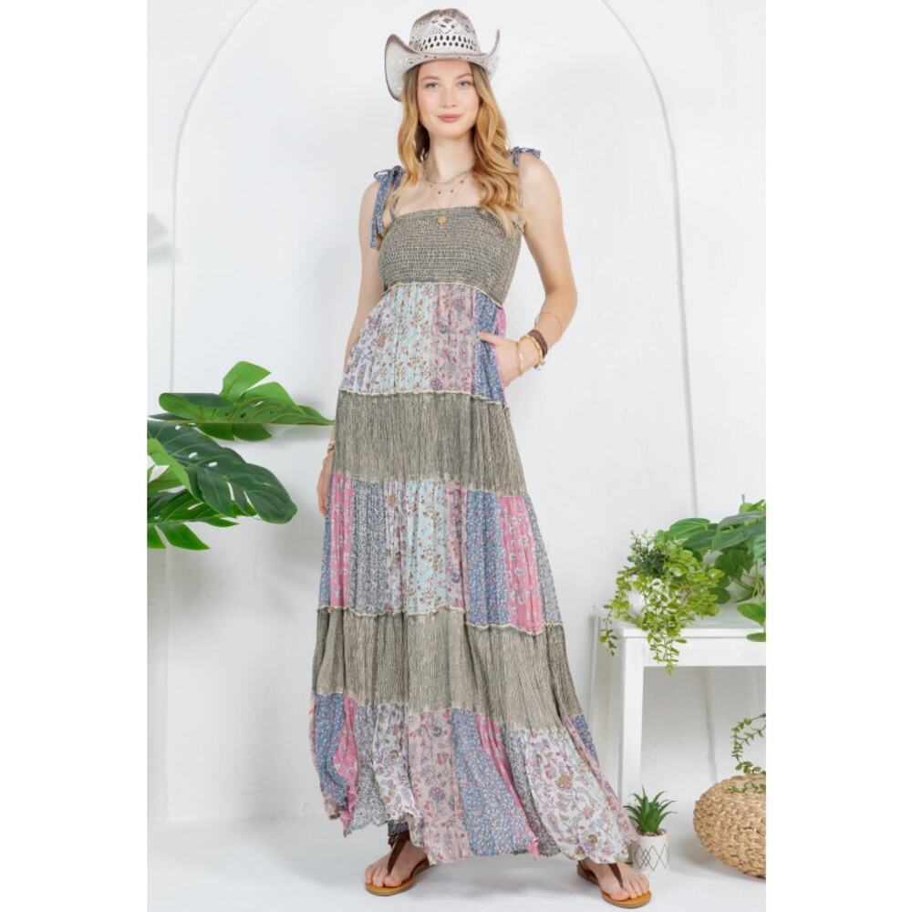 Young Threads Dusty Blue Pink Patchwork Maxi Dress XL NWT - Prairie Romantic